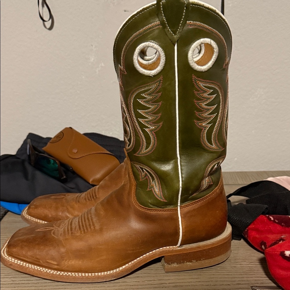 Men's Justin Brown and Green Square Toe Cowboy Boots